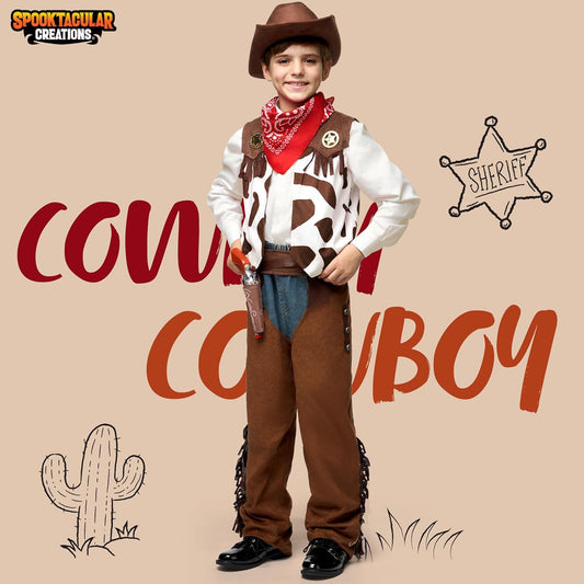 Halloween Cowboy Hat Costume for Boys, Kids White Brown Western Costume, Deluxe Cowboy Outfit Set for Toddler Halloween Roleplay Themed Party (3T, 3-4 Yrs)
