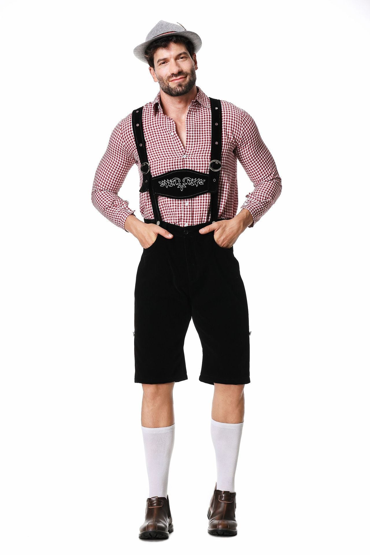 German Traditional Beer Festival Costume Halloween Plaid Shirt Men'S Bib Hat Three-Piece Suit Performance Wear