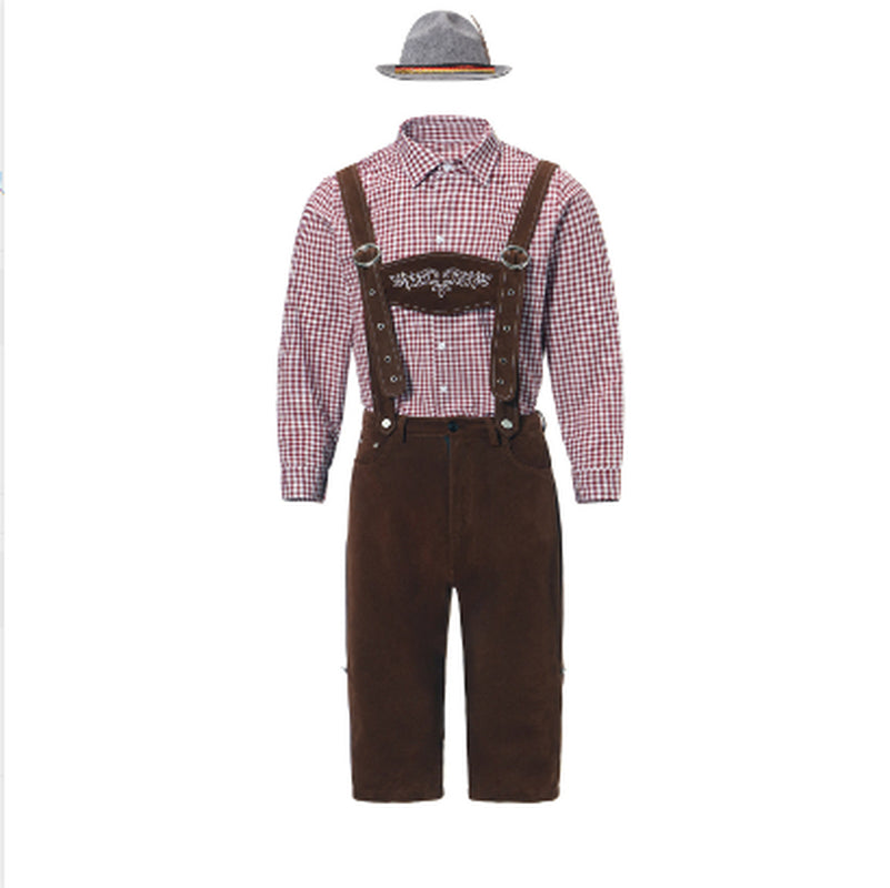 German Traditional Beer Festival Costume Halloween Plaid Shirt Men'S Bib Hat Three-Piece Suit Performance Wear