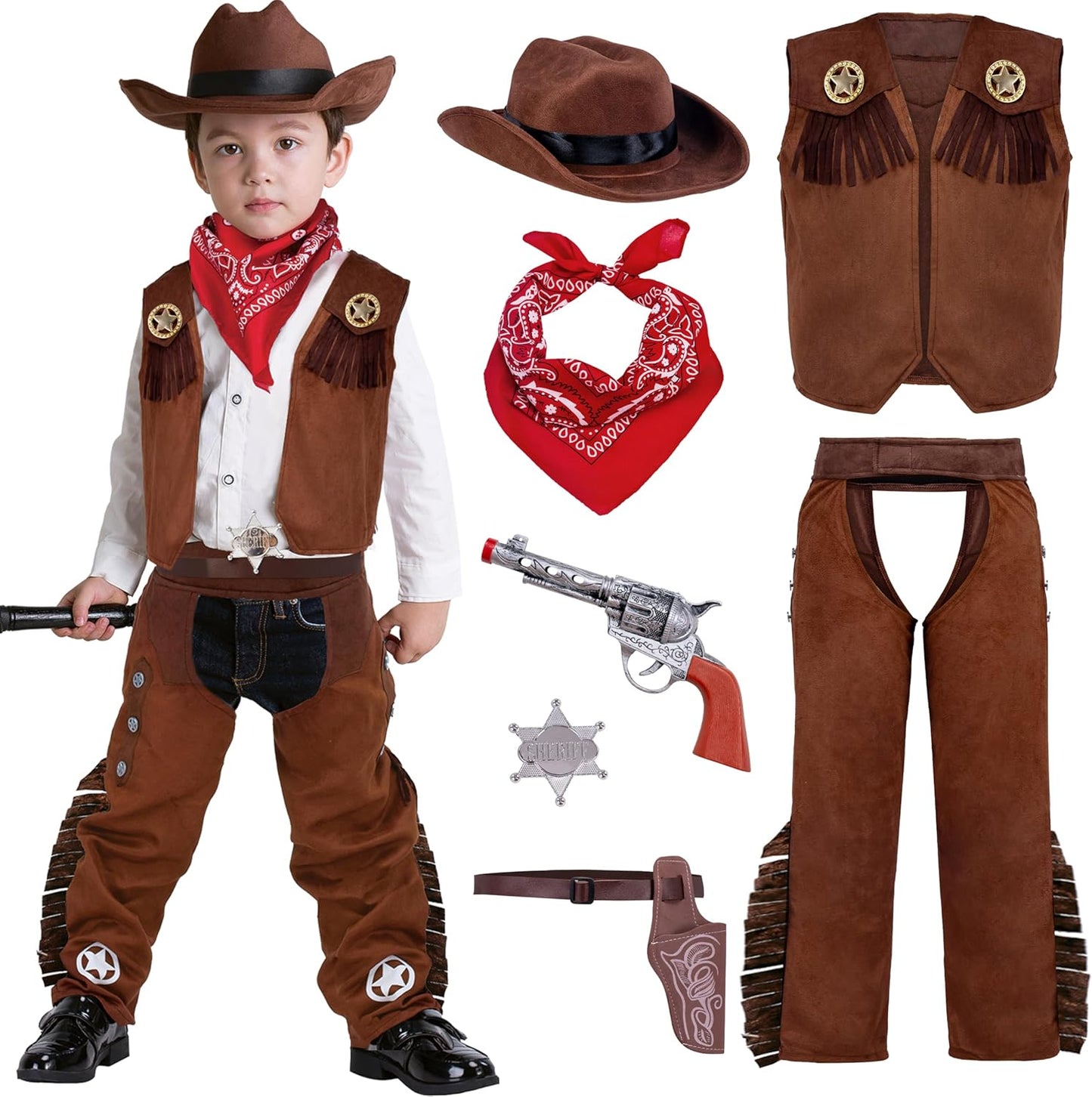 Halloween Cowboy Hat Costume for Boys, Kids White Brown Western Costume, Deluxe Cowboy Outfit Set for Toddler Halloween Roleplay Themed Party (3T, 3-4 Yrs)