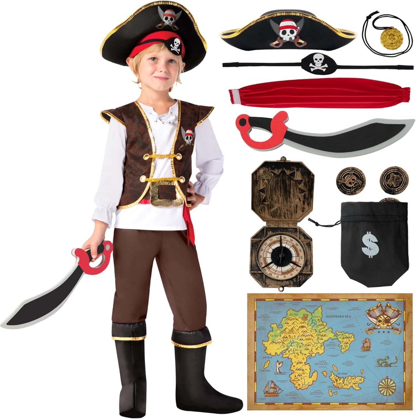 Halloween Pirate Costume Kids, Boys Pirate Costume Set for Toddler Halloween Dressup, Themed Party