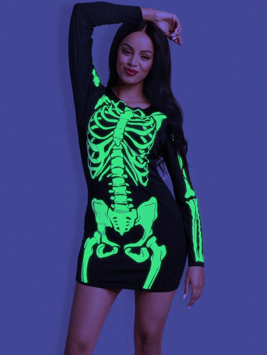 Skeleton Dress for Women, Glow in the Dark Skeleton Costume for Adult Halloween Dress up Party Cosplay