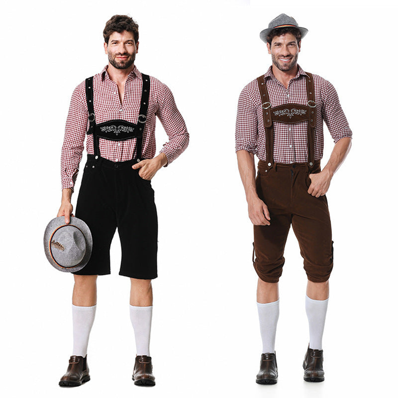 German Traditional Beer Festival Costume Halloween Plaid Shirt Men'S Bib Hat Three-Piece Suit Performance Wear