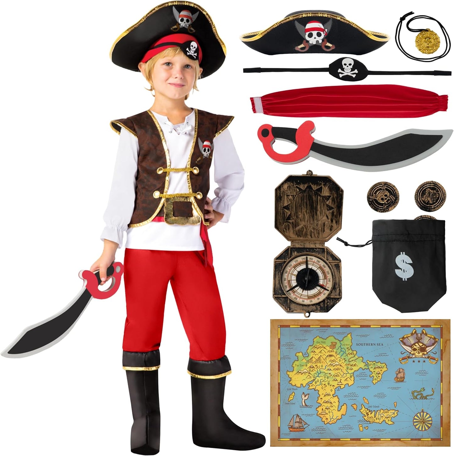 Halloween Pirate Costume Kids, Boys Pirate Costume Set for Toddler Halloween Dressup, Themed Party