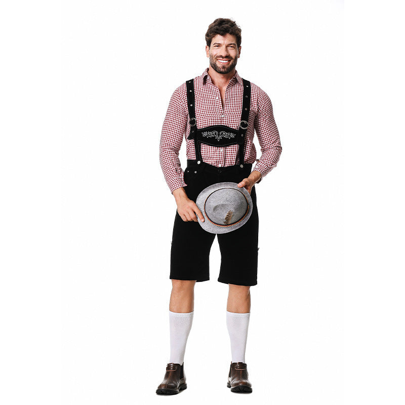 German Traditional Beer Festival Costume Halloween Plaid Shirt Men'S Bib Hat Three-Piece Suit Performance Wear
