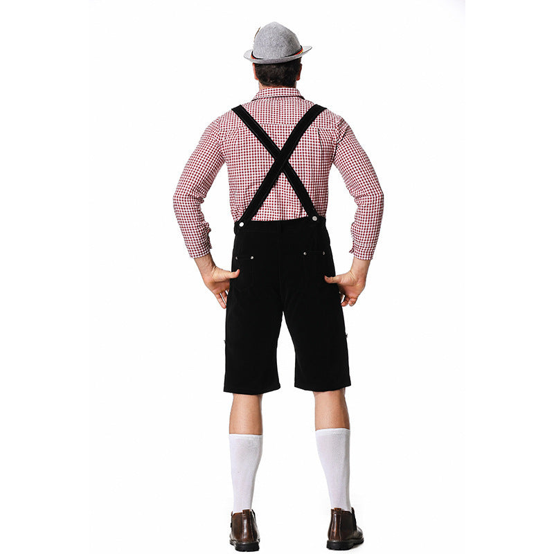 German Traditional Beer Festival Costume Halloween Plaid Shirt Men'S Bib Hat Three-Piece Suit Performance Wear