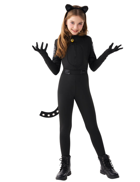 Black Cat Costume for Girls, Kids Cat Outfit Set with Tail, Child Black Cat Halloween Costume for Cosplay Party
