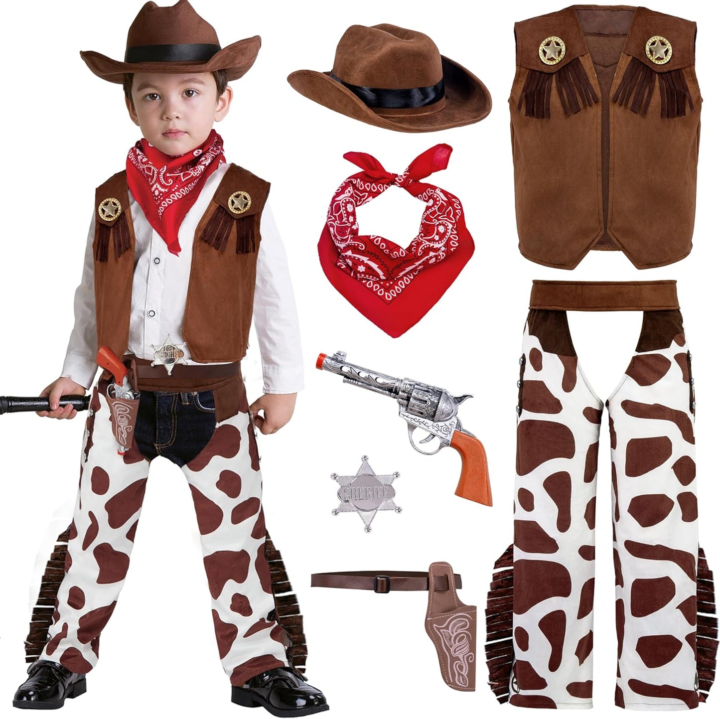 Halloween Cowboy Hat Costume for Boys, Kids White Brown Western Costume, Deluxe Cowboy Outfit Set for Toddler Halloween Roleplay Themed Party (3T, 3-4 Yrs)