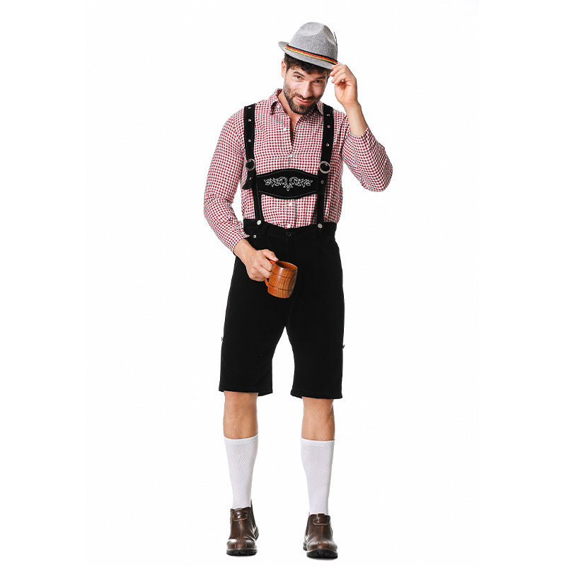 German Traditional Beer Festival Costume Halloween Plaid Shirt Men'S Bib Hat Three-Piece Suit Performance Wear