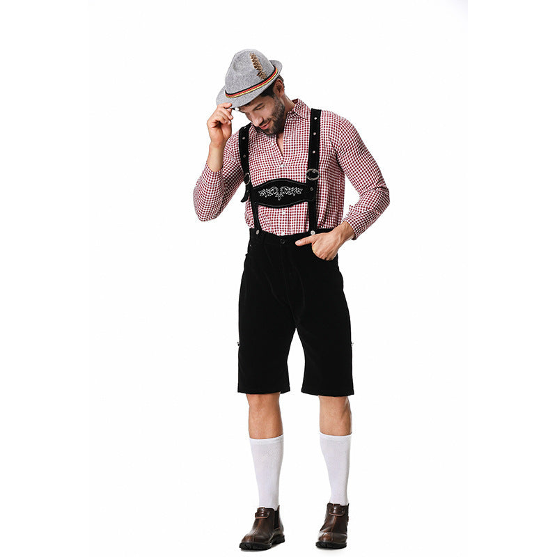 German Traditional Beer Festival Costume Halloween Plaid Shirt Men'S Bib Hat Three-Piece Suit Performance Wear